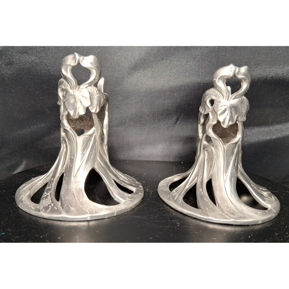 Vintage Seagull Pewter Canada 1989 Art Nouveau Floral Candle Holder Pair Silver